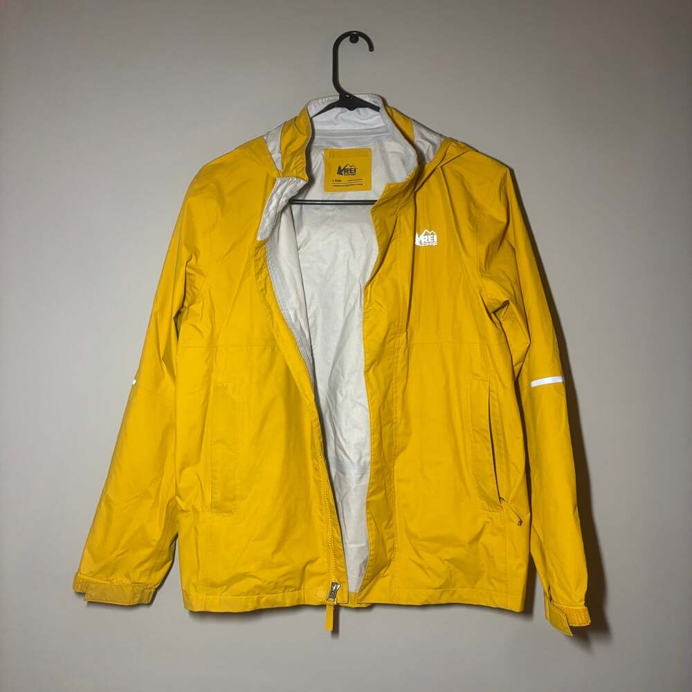 REI Co-op Rainier Rain Jacket Mustard Yellow Packable Hooded Waterproof